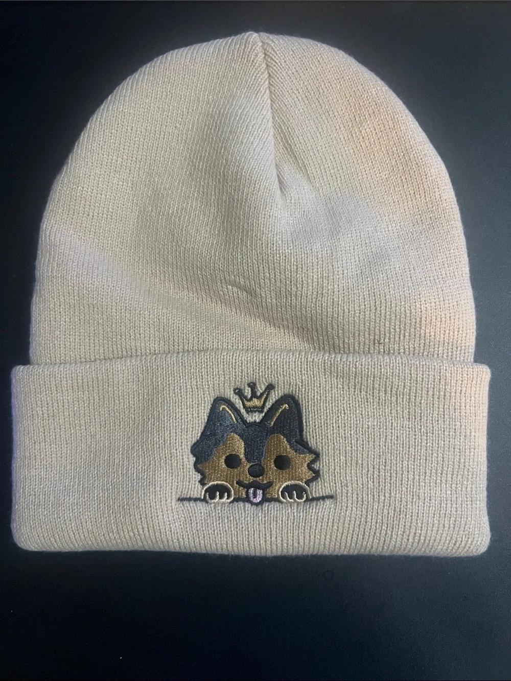 Kids Cream Beanie with Crown Puppy Patch